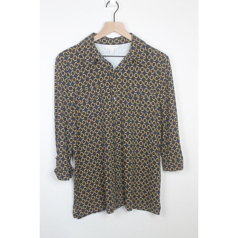 Charter Club Women Top X-Large Navy Button Up Blouse Gold Chain Allover NWOT